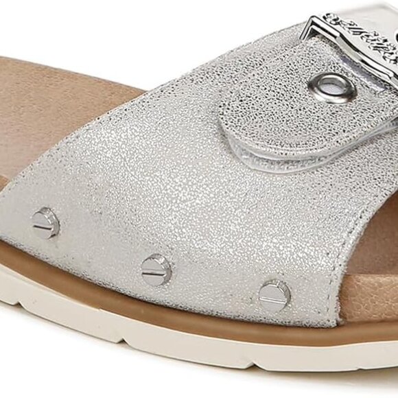 Women's Flat Sandals Slip On Metallic Silver Grey Cushioned Arch Support - Picture 1 of 9